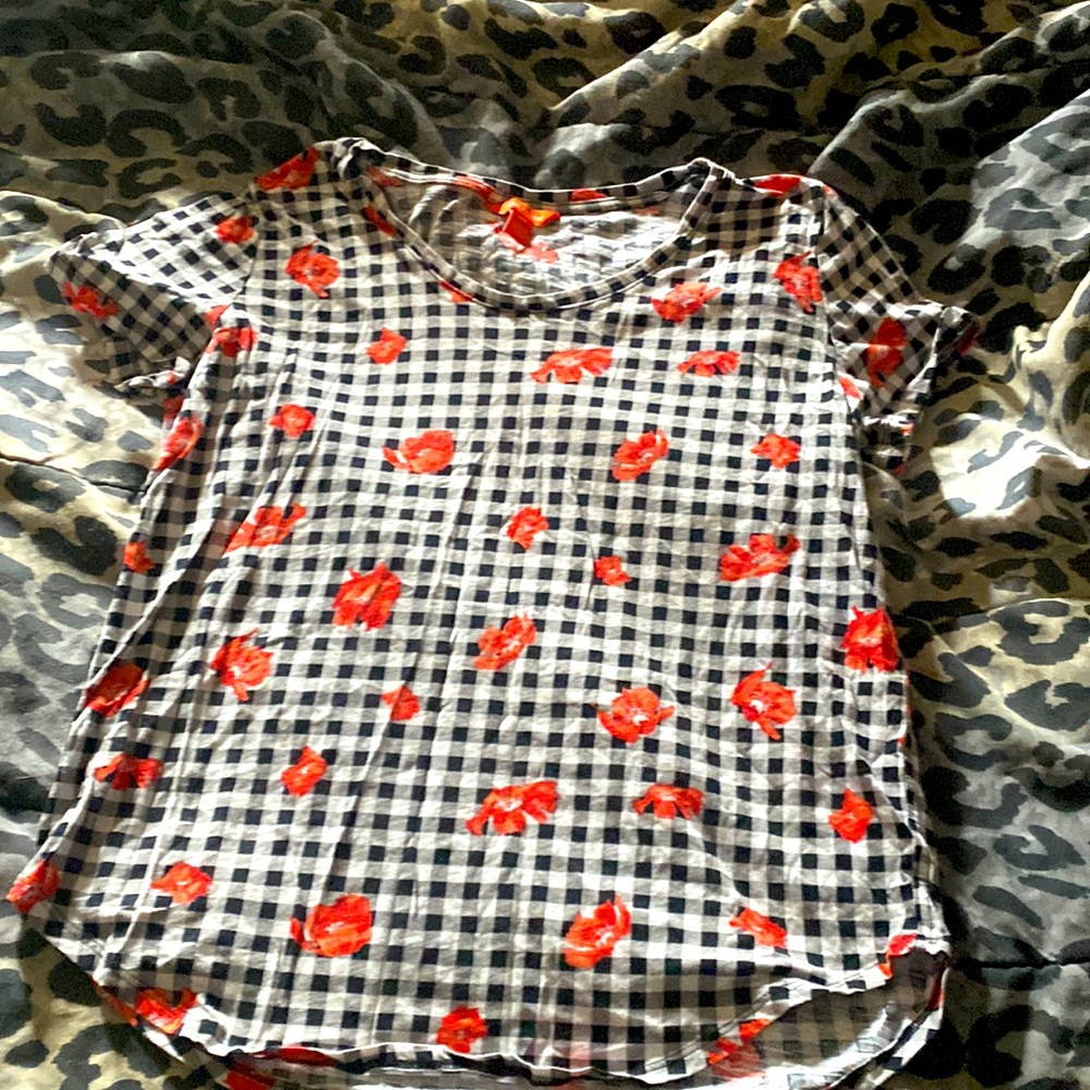 Checkered Gingham Plaid Floral Print Scoop Neck Bottom Black White Large Medium